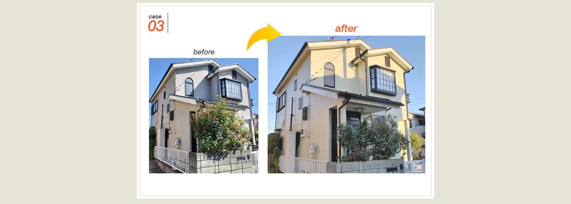 case 03。before（ビフォー）とafter（アフター）の写真。2階建ての一戸建て住宅。グレーがかった外壁が、明るいクリーム色の外壁に塗り替えられている。屋根は同じ色で、玄関前には庭木がある。全体的に明るく清潔感のある印象に変わっている。