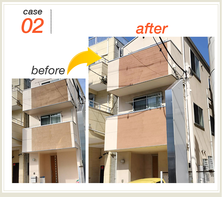 case02：before（施工前）とafter（施工後）の写真が表示されている3階建ての住宅。ベージュと茶色の配色が施工後も維持されているが、色が鮮やかになり、全体的に明るく清潔感のある外観に生まれ変わっている。塗装によって建物の質感が向上している。