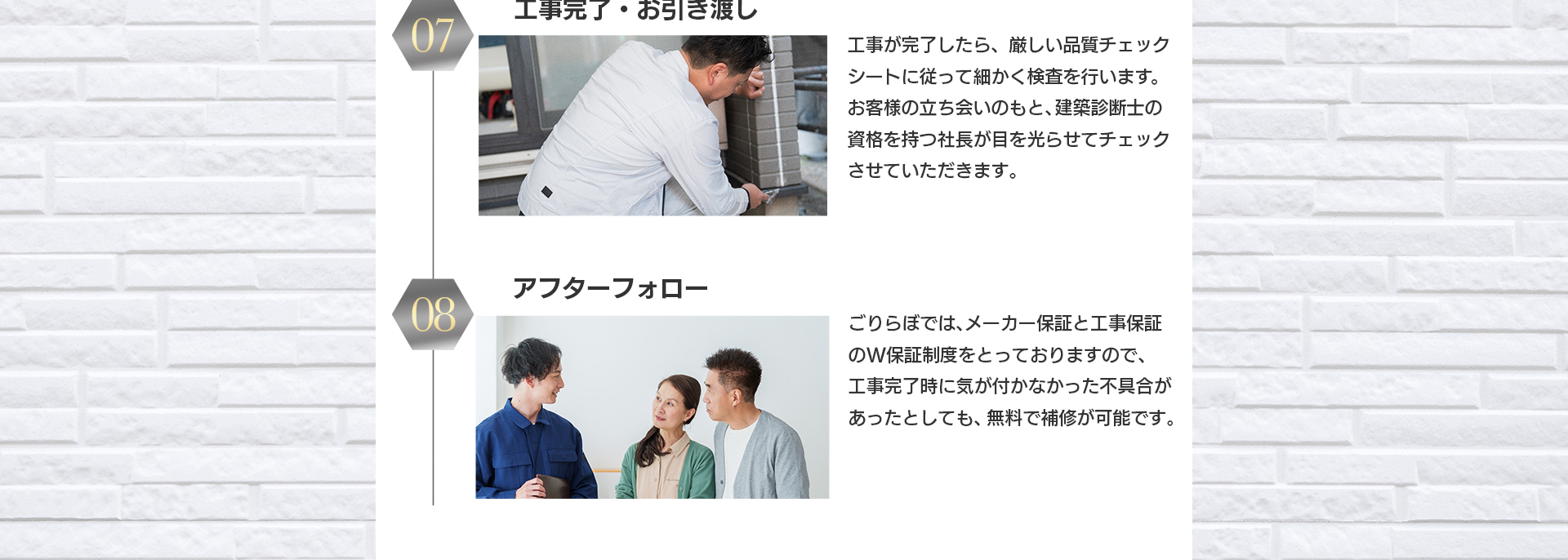 工事完了・お引き渡し(07):工事完了後の品質チェックシート検査とお客様立会いでの建築診断士によるチェック。アフターフォロー(08):メーカー保証と工事保証のW保証制度で工事完了後の不具合も無料補修可能。