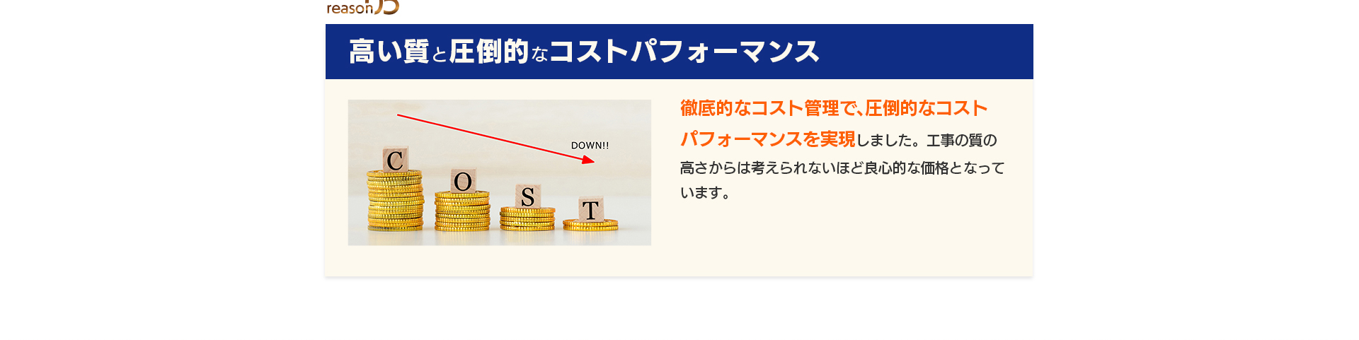 reason05：高い質と圧倒的なコストパフォーマンス。徹底的なコスト管理で、圧倒的なコストパフォーマンスを実現しました。工事の質の高さからは考えられないほど良心的な価格となっています。