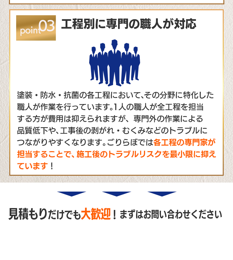point03 工程ごとに専門の職人が作業を担当：塗装・防水・抗菌の各工程において、その分野に特化した職人が作業を行っています。1人の職人が全工程を担当する方が費用は抑えられますが、専門外の作業による品質低下や、工事後の剥がれ・むくみなどのトラブルにつながりやすくなります。ごりらぼでは各工程の専門家が担当することで、施工後のトラブルリスクを最小限に抑えています！見積もりだけでも大歓迎！まずはお問い合わせください
