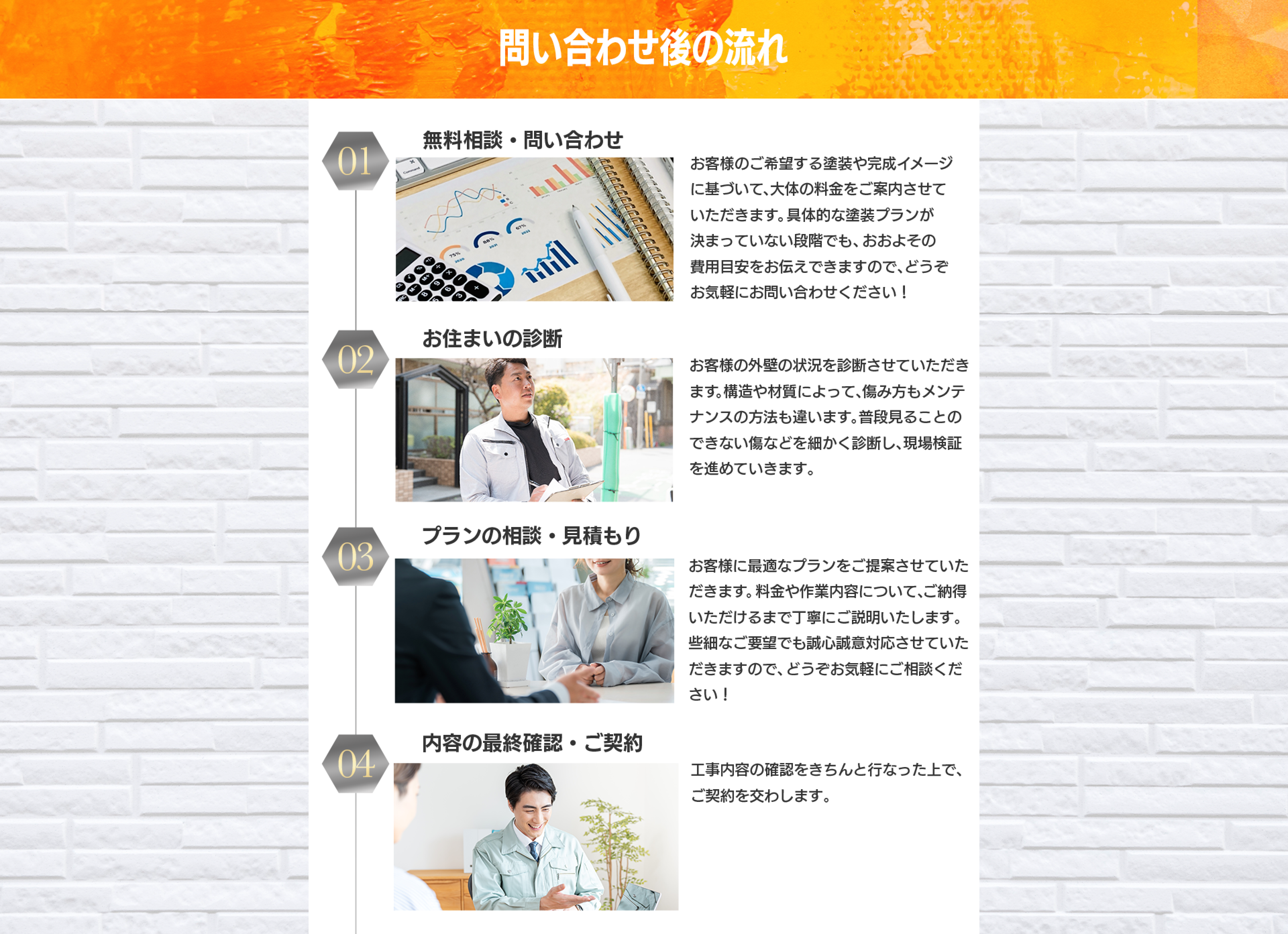 問い合わせ後の流れ:01.無料相談・問い合わせ(お客様の希望する塗装や完成イメージに基づく料金案内、具体的な塗装プランが決まっていない段階でも概算費用目安の提示)、02.お住まいの診断(お客様の外壁の状況診断、構造や材質による傷み方やメンテナンス方法の説明、細かく診断し現場検証を進める)03.プランの相談・見積もり(お客様に最適なプランをご提案、料金や作業内容についてa詳細説明、些細なご要望でも誠心誠意対応)、04.内容の最終確認・ご契約(工事内容の確認をきちんと行った上で、ご契約を交わす)