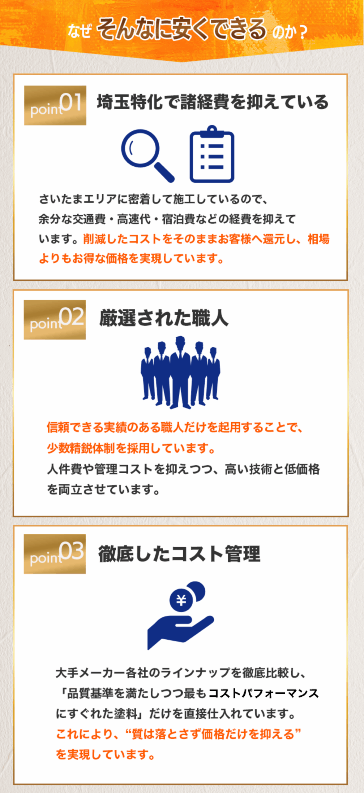 なぜそんなに安くできるのか？point1：埼玉特化で諸経費を抑えている さいたまエリアに密着して施工しているので、余分な交通費・高速代・宿泊費などの経費を一抑えています。 削減したコストをそのままお客様へ還元し、相場よりもお得な価格を実現しています。 point2：厳選された職人 信頼できる実績のある職人だけを起用することで、少数精鋭体制を採用しています。 人件費や管理コストを抑えつつ高い技術と低価格を両立させています。 point3：徹底したコスト管理 大手メーカー各社のラインナップを徹底比較し、 「品質基準を満たしつつ最もコストパフォーマンスに優れた塗料」だけを直接仕入れています。 これにより、“質は落とさず価格だけを抑える” を実現しています。