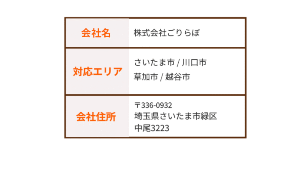 会社名：株式会社ごりらぼ
対応エリア：さいたま市、川口市、草加市、越谷市
会社住所：〒336-0932 埼玉県さいたま市緑区中尾3223